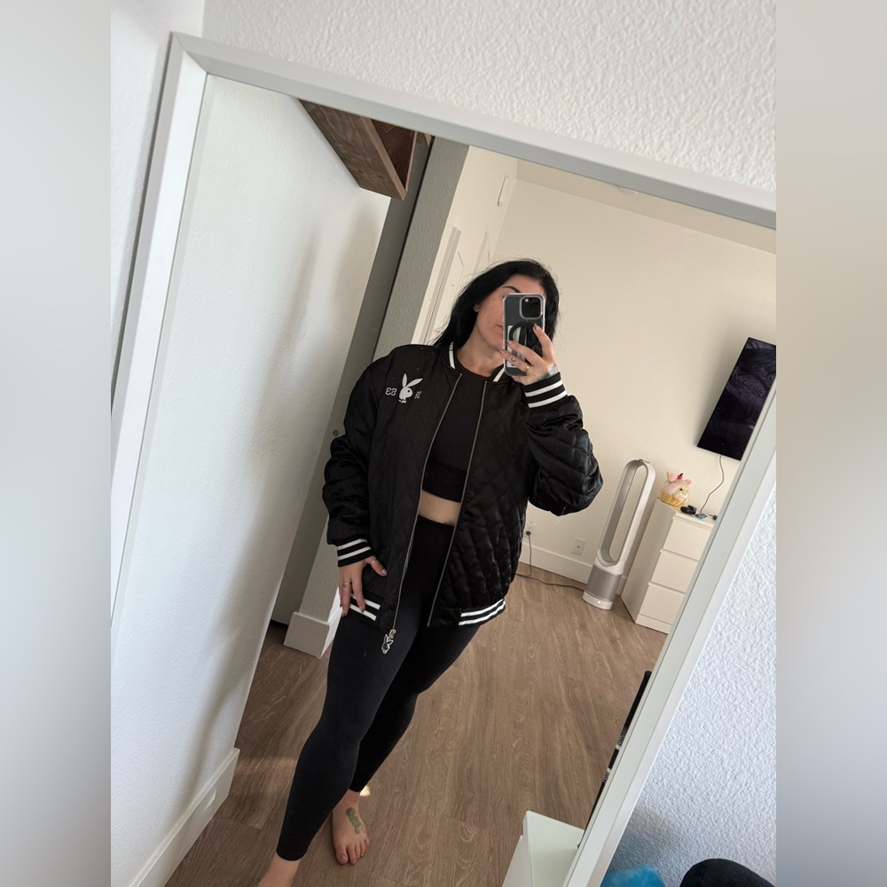 PLAYBOY Black Quilted Women’s Varsity Bomber Jacket - Picture 2 of 6